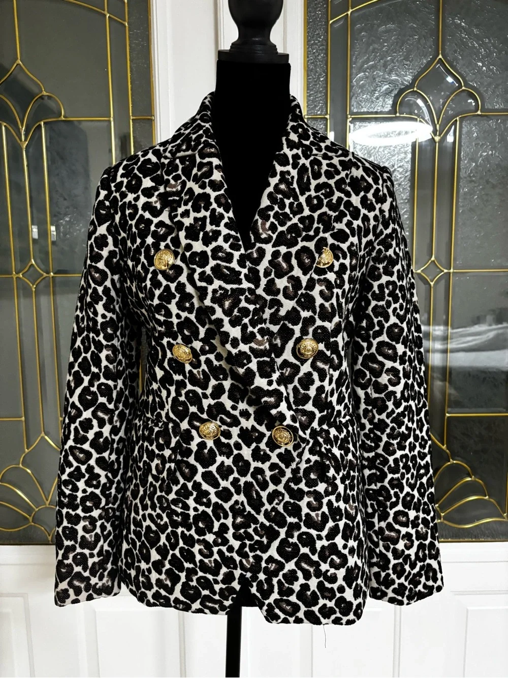 Boston Proper Brown & White Leopard Double-Breasted Blazer